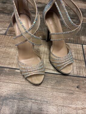 Thalia Sodi Nude Strappy Rhinestone High Heel Sandals